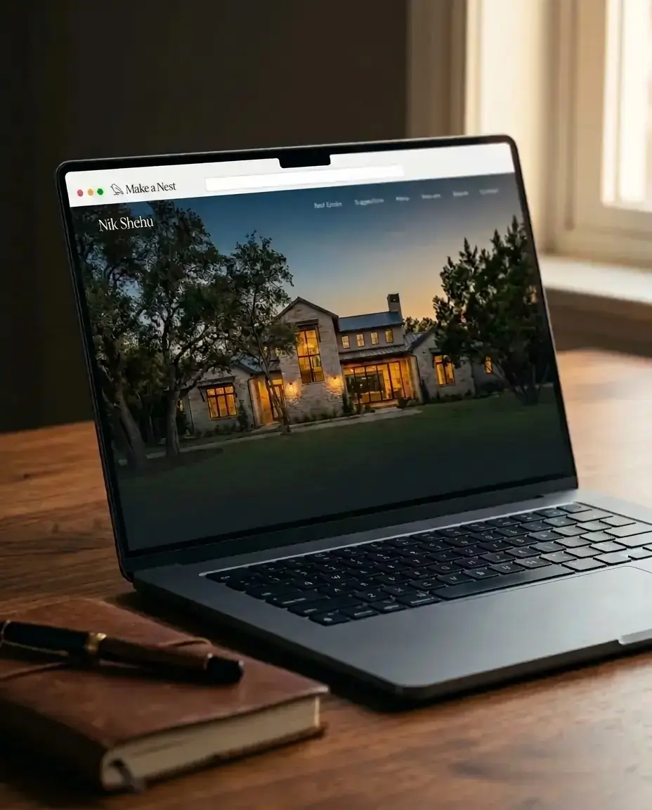 A laptop on a desk showing a live Make a Nest agent website