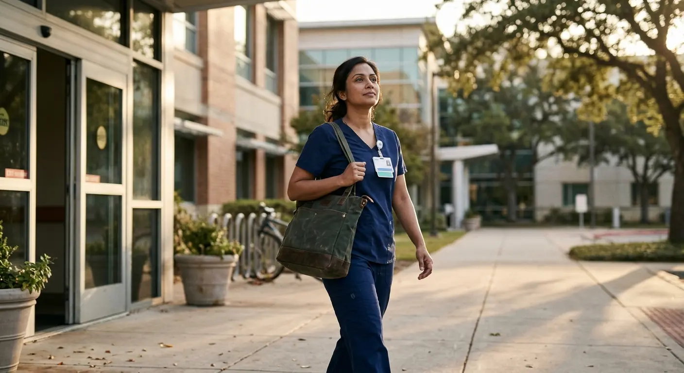 A nurse in scrubs walking out of a hospital at the end of an overnight shift, early morning light